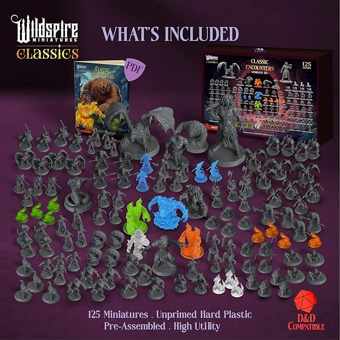 Classic Encounters - 125 Iconic DND Miniatures Bulk Monsters, Unpainted 28mm DND Minis, D&D Miniatures, Dungeons and Dragons Figures Mini, Dnd Figurines, Fantasy Tabletop D&D Accessories Assembled
