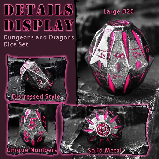 DND Metal Dice Set, ZHOORQI 7 Pcs Polyhedral Dice, Perfect for Dungeons and Dragons, RPG Role Playing Games - Unique Cool Dice with Stonehenge Themed Design for Game Gifts（Black Pink）