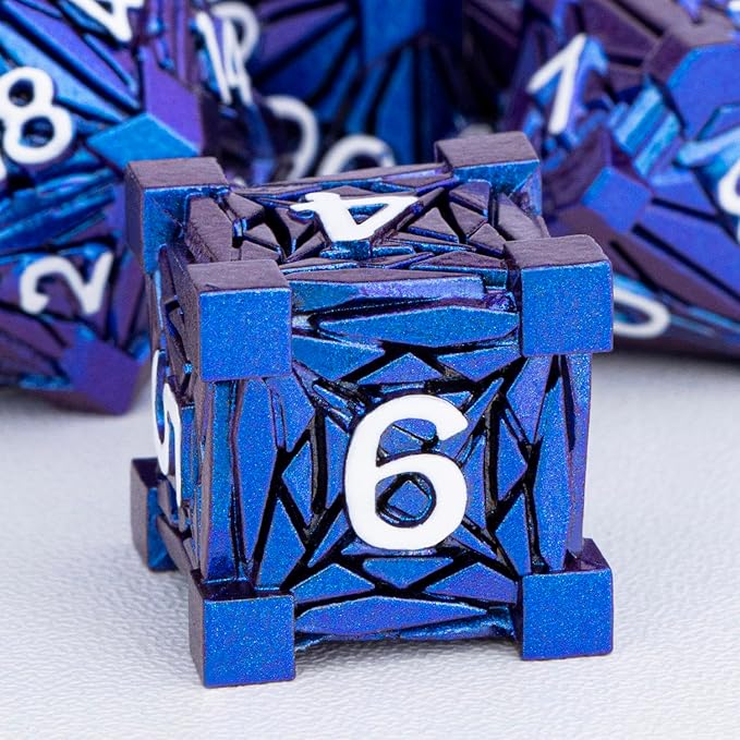 7PCS Metal DND Dice Set with Box, Debris RPG Blue White D and D Dice for D&D Tabletop Games Role Playing Game Polyhedral Dice Set D20 D12 D10 D8 D6 D4