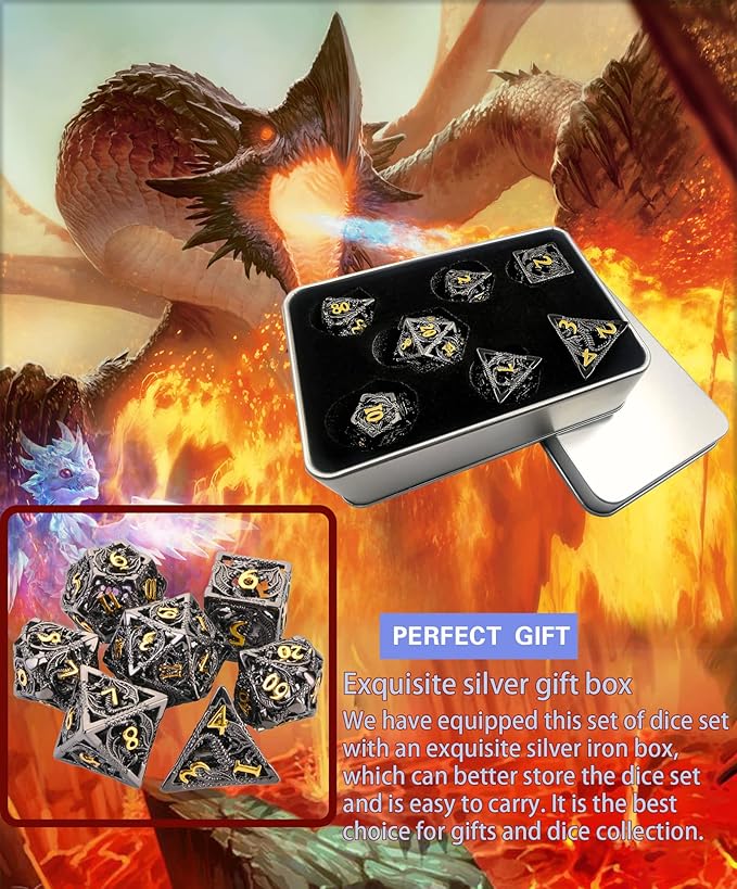 Metal DND Dice Set Dungeons and Dragon Dice Set Hollow Dragon Polyhedral Magic 7 PCS Dice Set with Gift Metal Box for Dungeons and Dragons Table Games Play Cards MTG(Dragon_Black Plus Gold)