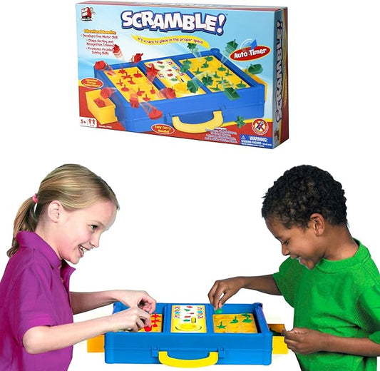 MUKIKIM Scramble - Shape Matching Family Board Game! Sorting Shapes Fast Before The Time is Up & Pieces Pop Out! Play Solo/with Friends. 12-Shape Junior Version Plates Included!