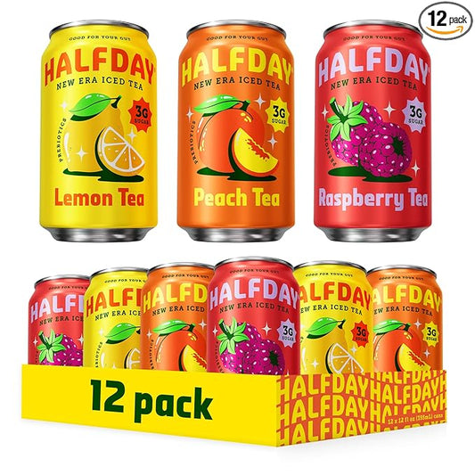 HALFDAY Prebiotic Iced Tea Lemon, Peach & Raspberry Variety Pack, Supports Digestive & Gut Health, Plant Fiber & Prebiotics, Low Sugar, 35 Calories, Natural Caffeine, Gluten Free, 12 fl oz (12 pack) Packaging May Vary