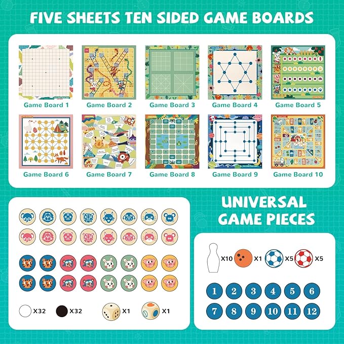 14-in-1 Wooden Fast Foldable Sling Puck Set for Kids and Adults, Multi-Game Combo with Snakes and Ladders, Bowling and More, Portable Travel Games Set, Interactive Families Toys