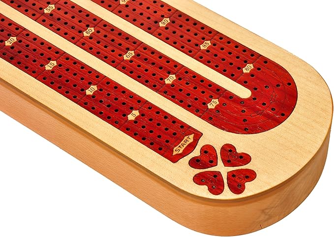 PALM ROYAL HANDICRAFTS 4 Track Wooden Cribbage Board Set Inlaid in Blood Wood and Maple Wood with pegs and Cards Storage Available. 4 Player Cribbage Board Game (15 x 5 Inches)