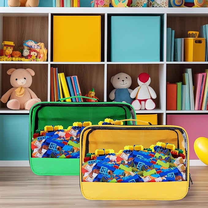 4 PCS Toy Storage Bags, Clear Toy Organizer Bags, Toy Bag with Visible Top& Handle, Portable Travel Case for Building Blocks, Toys, Puzzles, Dolls,Crafts, Magnetic Tiles