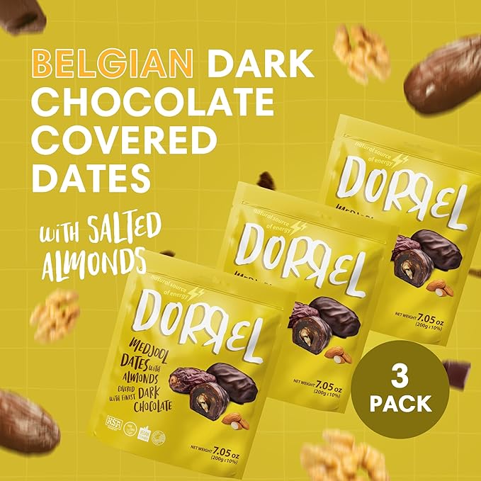 DORREL - Belgian Dark Chocolate Covered Dates (Medjool) with Salted Almonds Stuffing, High Energy Vegan Choco Snack, Delicious, Kosher & Non-GMO, Pack of 3 Stuffed Chocolate Dates, 7.05 oz / 200 g Ea