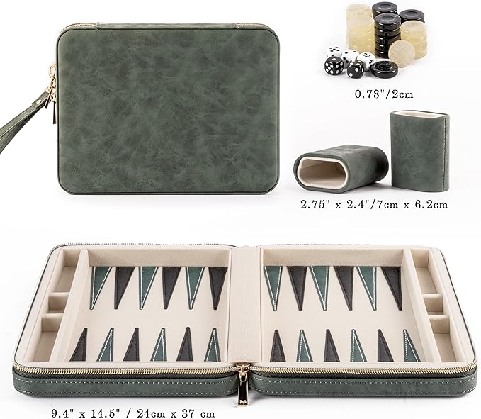 Backgammon Sets for Adults, Classic Board Game with Folding Leather Backgammon Case, Portable Travel Backgammon Game Set (Green)