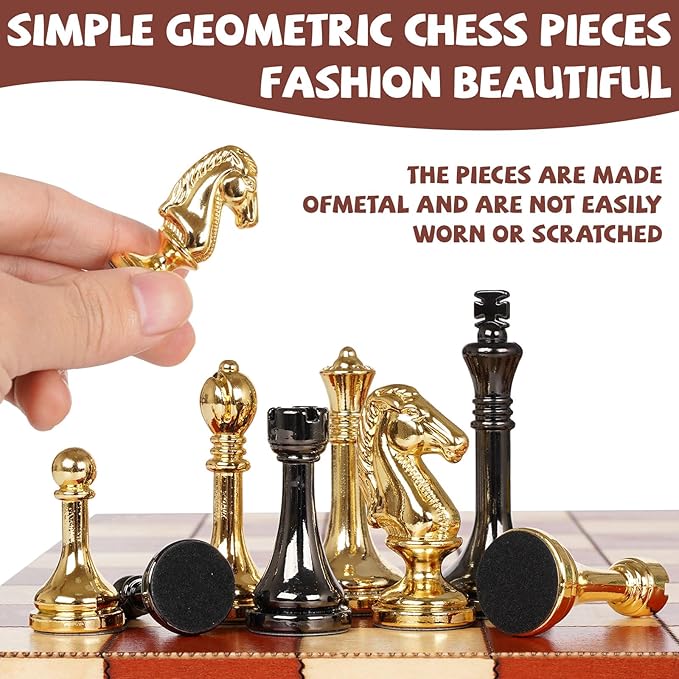 Metal Chess Set – Wooden Chess Board Set Travel Chess Sets,Metal Handcrafted Chessmen, Bonus 2 Extra Queens, Portable Classic Chess Game for Adults Family Board Game