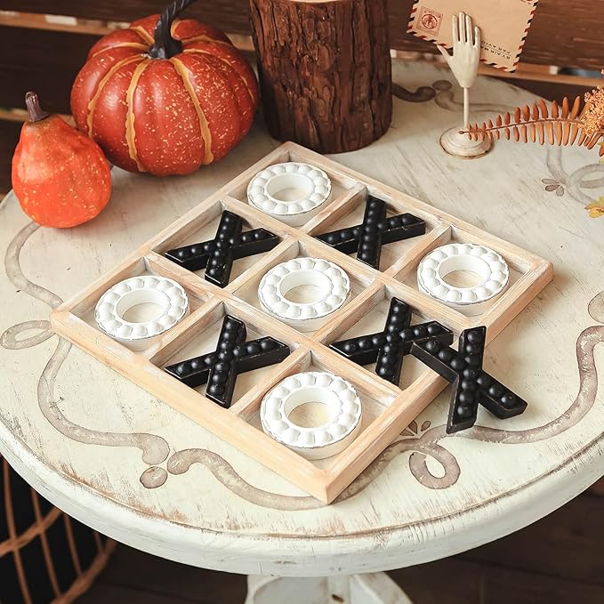 NIKKY HOME Tic Tac Toe Game Coffee Table Decor, 10.6 Inch Rustic Wooden Board, Black & White