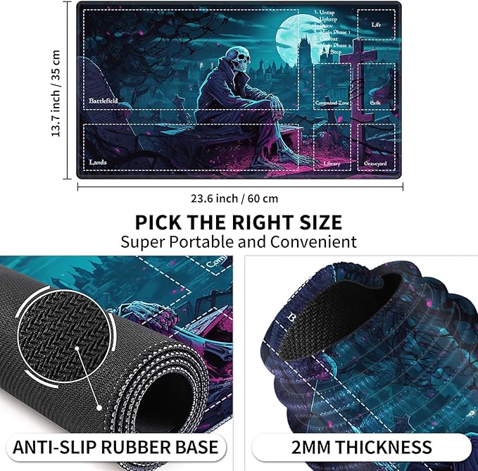 Playmat with Zones for MTG Card Game Playing, 24"x14" Commander Deck Gaming Desk Duel Mat for Beginner, Halloween Night Skeleton