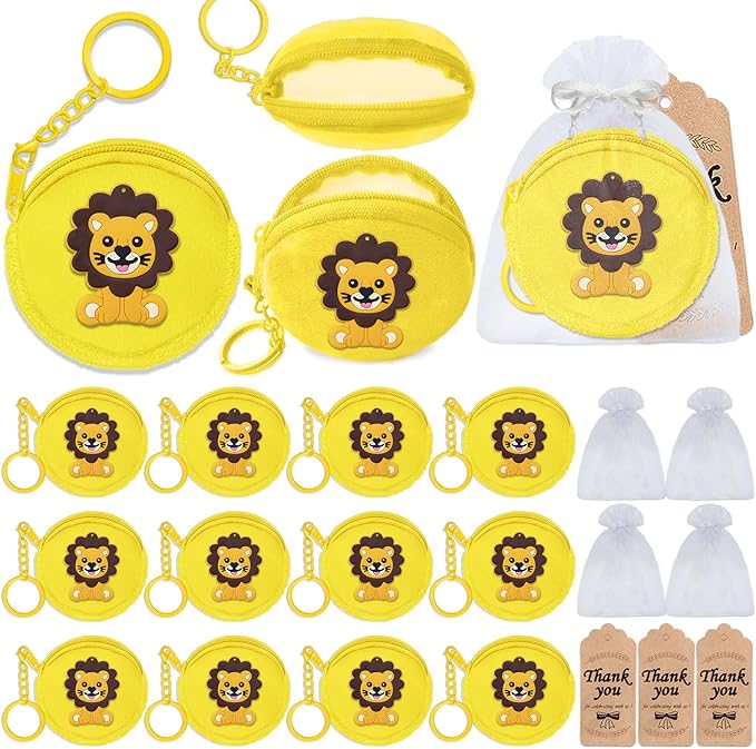 36 Pack Lion Change Purses Set Include 12 Lion Wallets with Keyrings, 12 Thank You Tags and 12 Organza Bags for Lion Jungle Safari Animals Baby Shower Wild ONE Party Supplies,Yellow