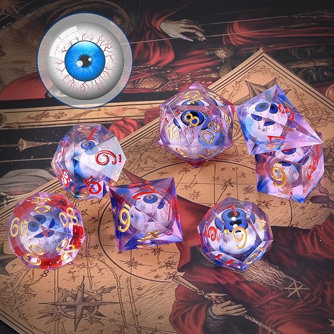 Evil Eye D20 Dices Moving Eyes Dice DND Dice Set with Moving Eye Inside Sharp Corners Dices Dungeons and Dragons Polyhedral Role Playing Gaming Dices D20 Dice 7 Set Halloween Dices Red