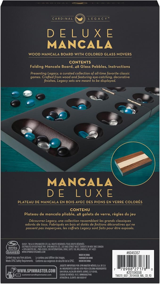 Spin Master Games, Legacy Deluxe Mancala, Classic Game with Folding Wooden Board & Colorful Glass Stones, Family Game, for Ages 8 & Up
