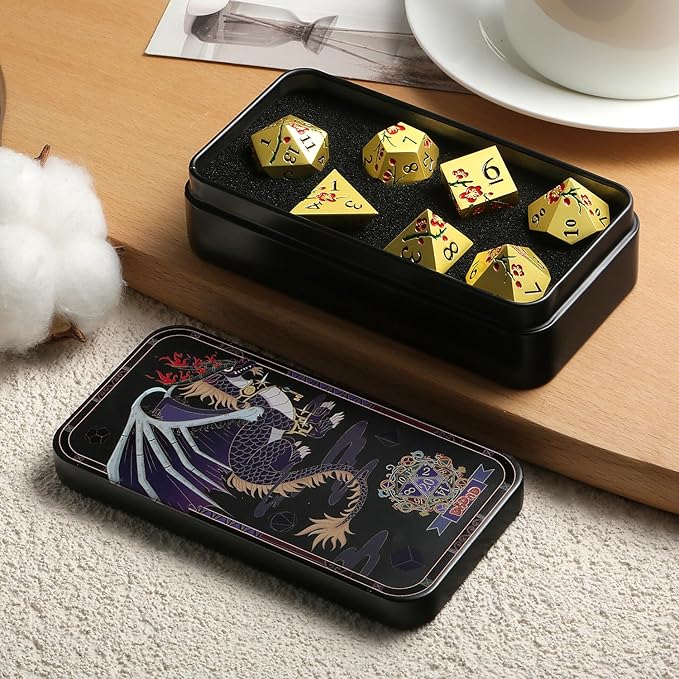 DNDND Flowers Metal Dice, 7 PCS Metallic DND Dice with Gorgeous Gift Case for D&D Dungeons and Dragon Tabletop Game (Red Flowers with Gold)