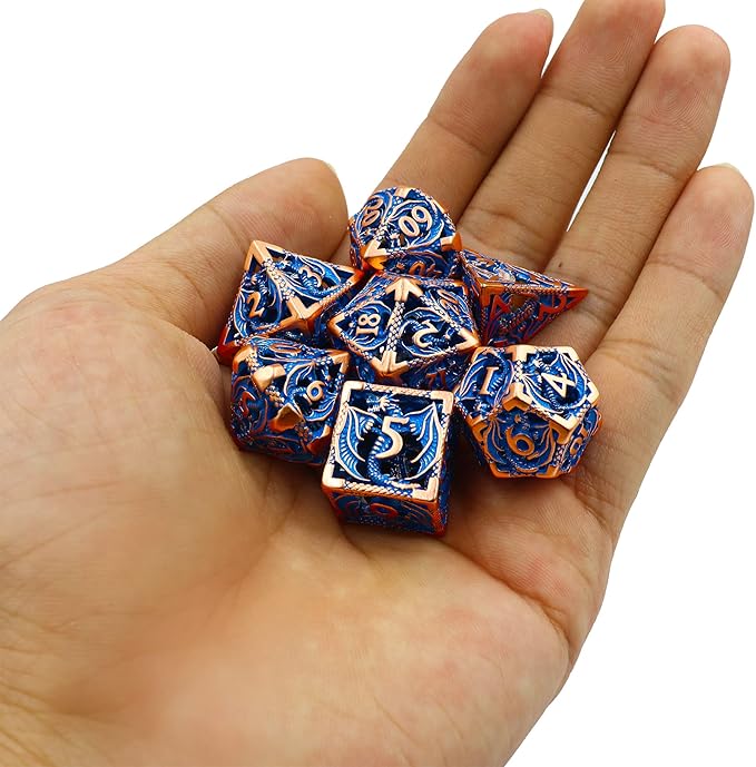 Metal DND Dice Set Dungeons and Dragon Dice Set Hollow Dragon Polyhedral Magic 7 PCS Dice Set with Gift Metal Box for Dungeons and Dragons Table Games Play Cards MTG(Dragon_Pearl Red Copper Blue)