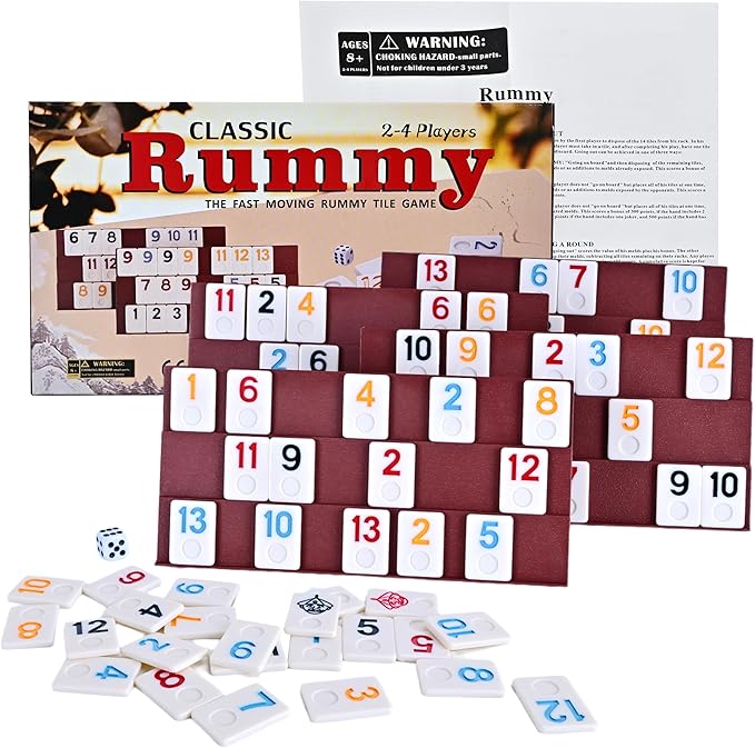 Classic Rummy Cube,106 Rummy Game with Portable Carton, Tradditonal Board Game for Family, 106 Tiles, 4 Plastic Holders（2-4 Players）