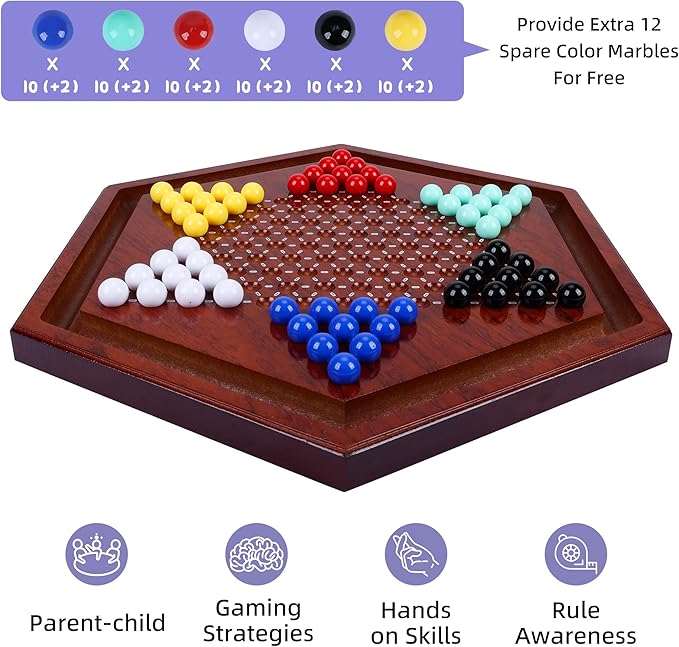 14 inches Wooden Chinese Checkers Set, 60+12 Colorful Glass Marbles in 6 Colors, Classic Strategy Games for Adults Kids and Seniors, Fun for Whole Family Board Game (Up to 6 Players)