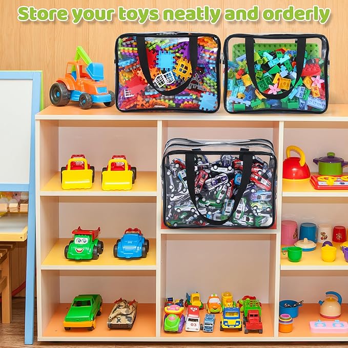 6 Packs Large Toy Storage Bags,Clear Waterproof PVC Toy Storage Organizer with Zipper,Reusable Travel kids Organizer Bags for Board Game,Building Blocks and Puzzles,Black