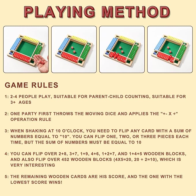 Dice Game Shut The Box Wooden Board Game,4 Sided Family Math Game for 2-4 Players,Educational Learning Interactive Game, Classics Tabletop Version Games for Classroom, Party, or Pub