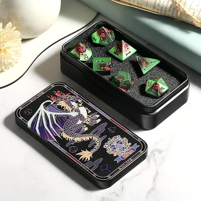 Metal Dice Set D&D, DNDND 7 PCS Metallic Flowers DND Dice with Gorgeous Gift Case for D&D Dungeons and Dragon Tabletop Game (Green and Red)