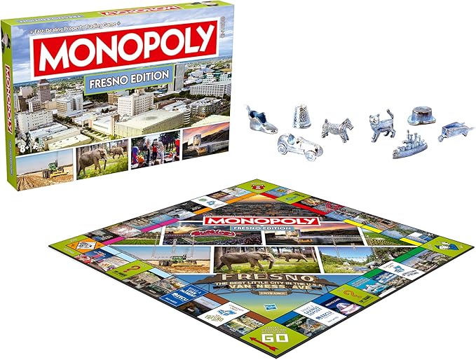 Monopoly Board Game Fresno CA Edition : 2-6 Players Family Board Games for Kids and Adults, Board Games for Kids 8 and up, for Kids and Adults, Ideal for Game Night
