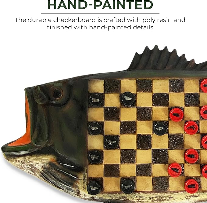 Rivers Edge Products Checkerboard Set for Cabin or Lodge, Rustic Checker Board Games for Adults, Tabletop 2 Players Game, Living Room Decor or Home Office Decor, Bass