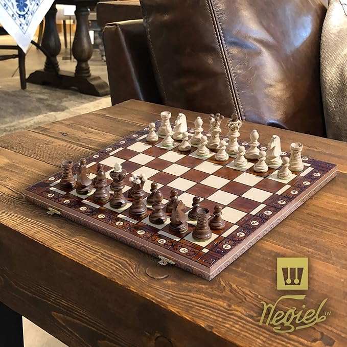 Wegiel Handmade European Ambassador Chess Set - Wooden 21 Inch Beech & Birch Board with Felt Base - Carved Hornbeam & Sycamore Wood Chess Pieces