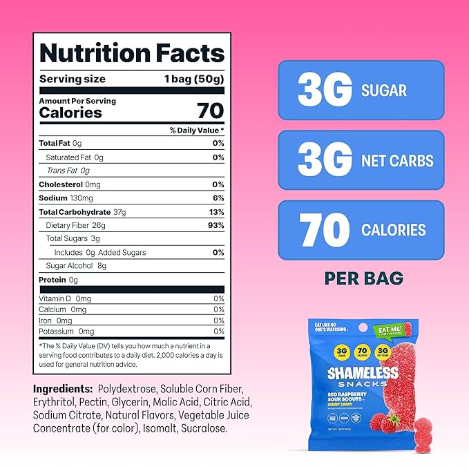 Shameless Snacks - Healthy Low Calorie Snacks, Low Carb Keto Gummies (Gluten Free Candy) - 6 Pack Red Raspberry Sour Scouts