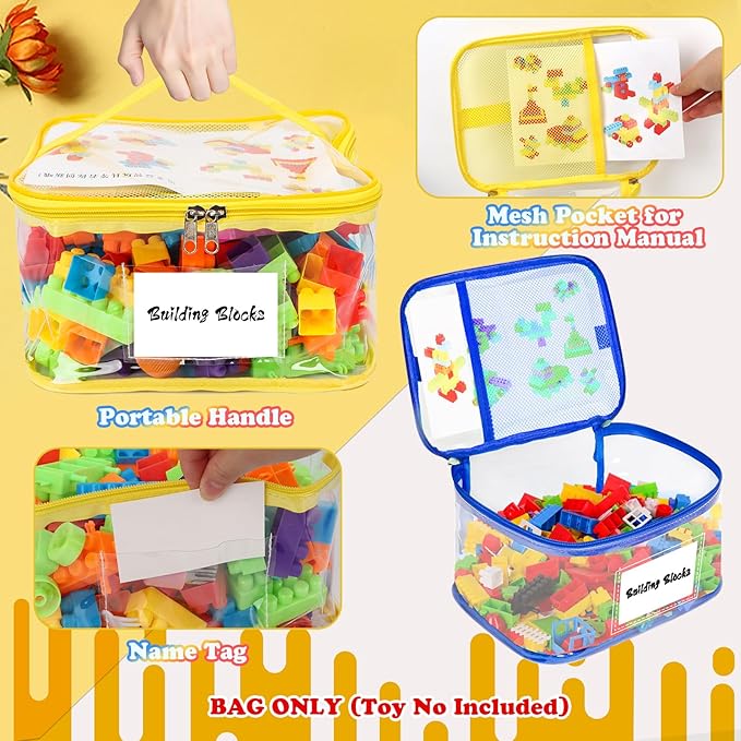 AOBOPLE 6 Pack Clear Toy Storage Bag with Name Tag & Manual Pocket, PVC Clear Toy Organizer Bags with Labels for Lego Bricks, Board Games, Building Blocks, Puzzles