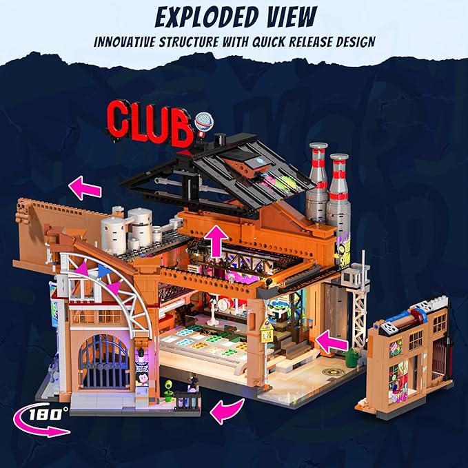 FUNWHOLE Factory House of Music Lighting Building Bricks Set - Street Fusion Music Club City Town Fully Accessible Multi-Form Modular Collection Kit 2654 Pcs for Adults & Teens & Street Culture Lovers