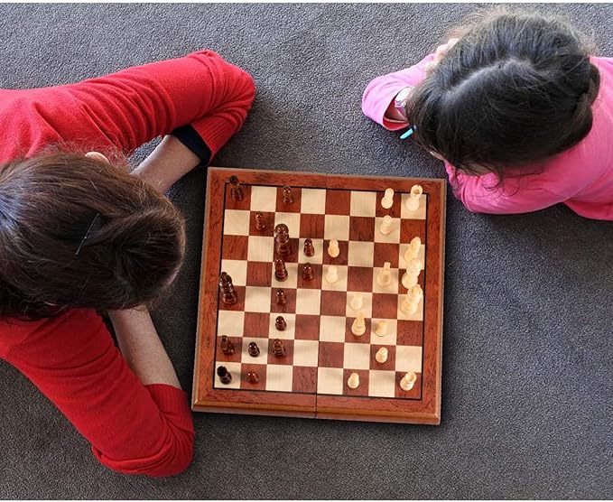 AMEROUS 15'' Magnetic Wooden Chess Set -Folding Board -2 Extra Queens -Chessmen Storage Slots -Gift Package, Travel Chess Board Game Sets for Kids and Adults