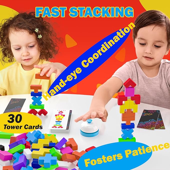 4-in-1 Family Board Games, 120 Pcs Wooden Multi-Level Montessori Toy Fast 3D Shape Pattern Matching Puzzle Stacking Building Blocks Fun Game for Kids Adults Family Night/Party, 1-6 Players Ages 4+