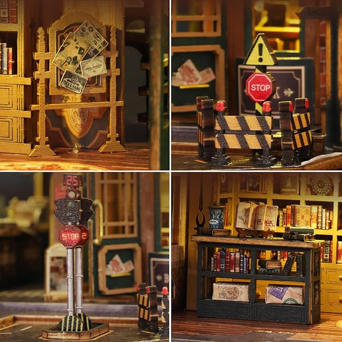 DIY Miniature House Kit for Adults, Mini Wooden Dollhouse Kit, Book Shop Tiny House Diorama Building Kits with Light, 3D Wooden Puzzles Bookend Shelf Insert Decor, Creative Craft