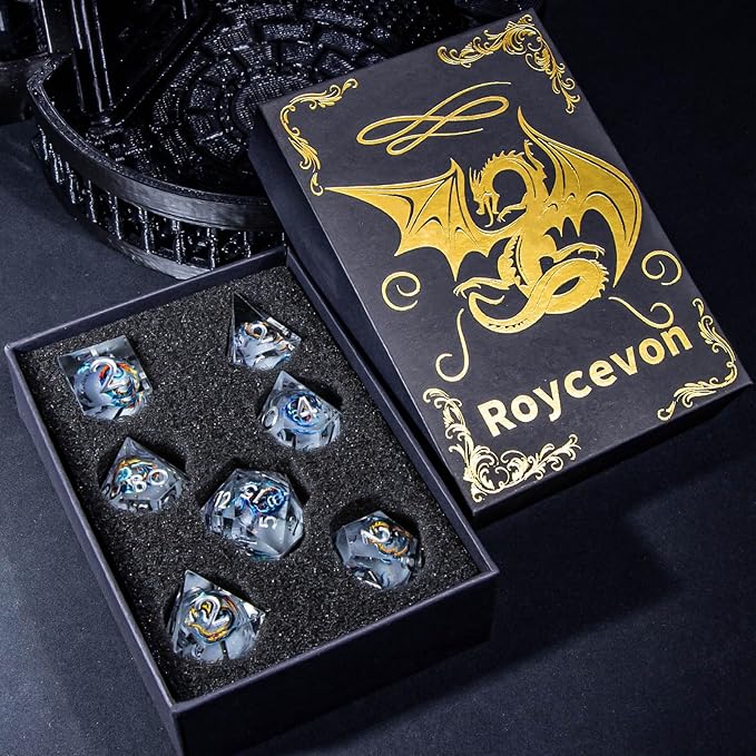 Dragon Pattern Liquid Core DND Dice Set, 7Pcs Sharp Edge D&D Dice with Gift Box, Blue Resin Dungeons Dragons D and D Role Playing Dice D20 D12 D10 D8 D6 D4