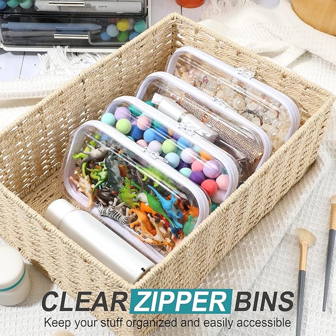 Hoolerry 4 Pcs Hard Clear Zipper Case Transparent Cases for Snacks Makeup Bag Plastic Storage Box Containers for Building Blocks, Puzzles, Cosmetics(White,7.5 x 3.9 x 2 in)