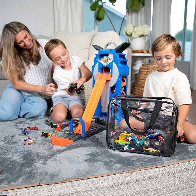 4 Pack Extra Large Toy Storage Clear Bags with Zipper 12"x10"x7" Clear Plastic Bins with Handle, Toy Organizer for Kids playroom, Blocks, Clothes, Stuffed Animal Storage
