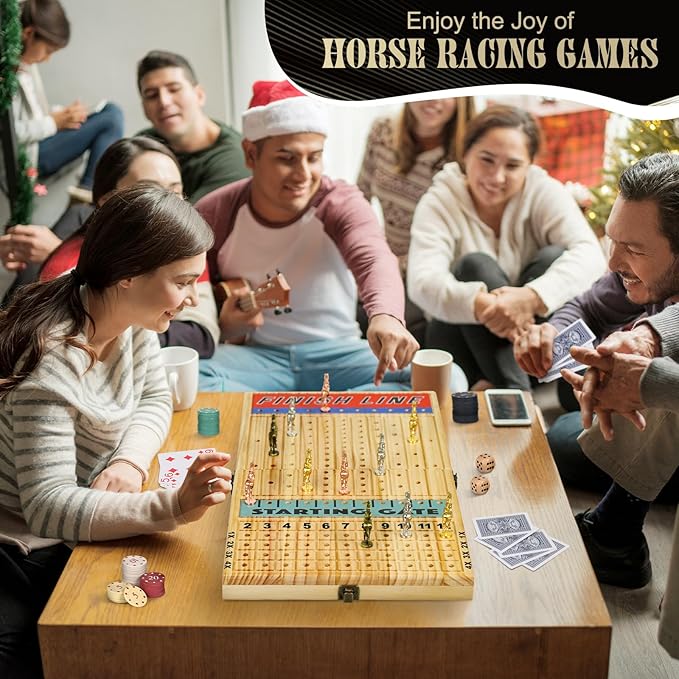 21 Inch Horse Racing Game, 11 Luxury Metal Horses, Thickened Wood Chessboard, Chips, Cards & Dice, Classic Wooden Table Top Board Game for Adults & Family