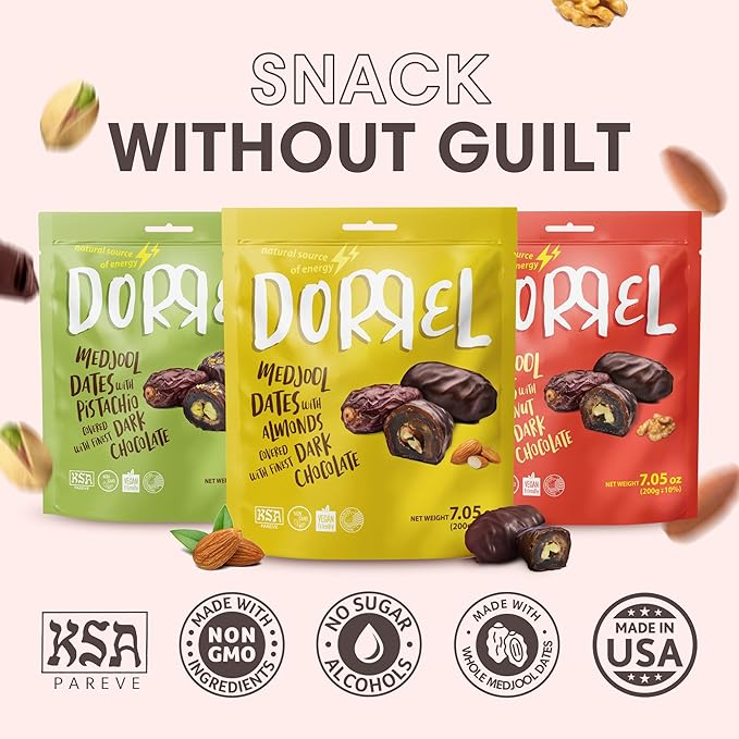 DORREL - Trio Bundle Pack: Belgian Dark Chocolate Covered Dates Medjool with Walnuts, Salted Almonds & Pistachio Stuffing, High Energy Kosher Non-GMO Choco Snack Pack of 3, 7.05 oz Ea