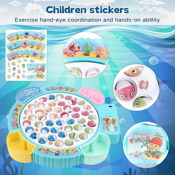 Magnetic Fishing Games Set - Educational Toddler & Kids Fishing Toys | 45 Fish, 8 Poles, Rotating Board with Music & LED | Ideal Go Fish Toy for Fun!