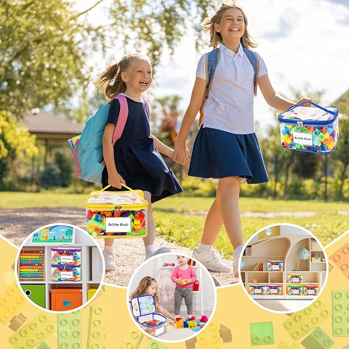 AOBOPLE 6 Pack Clear Toy Storage Bag with Name Tag & Manual Pocket, PVC Clear Toy Organizer Bags with Labels for Lego Bricks, Board Games, Building Blocks, Puzzles