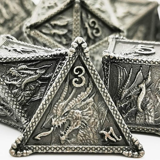 HAOMEJA Metal Dragon Dice Set - 7 Solid Dice for D&D & Dungeons and Dragons (Antique Iron)