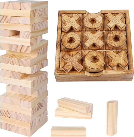 Glintoper Tic Tac Toe & Tumble Tower Blocks Game Set, Classic Wood Stacking & XOXO Strategy Board Game for Travel, Kids Family, Living Room Rustic Coffee Table Decor