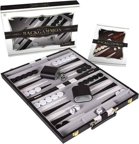Backgammon Set 11 inch, Small - Classic Board Game for Adults and Kids with Premium Leather Case - Includes Strategy & Tip Guide (Black)