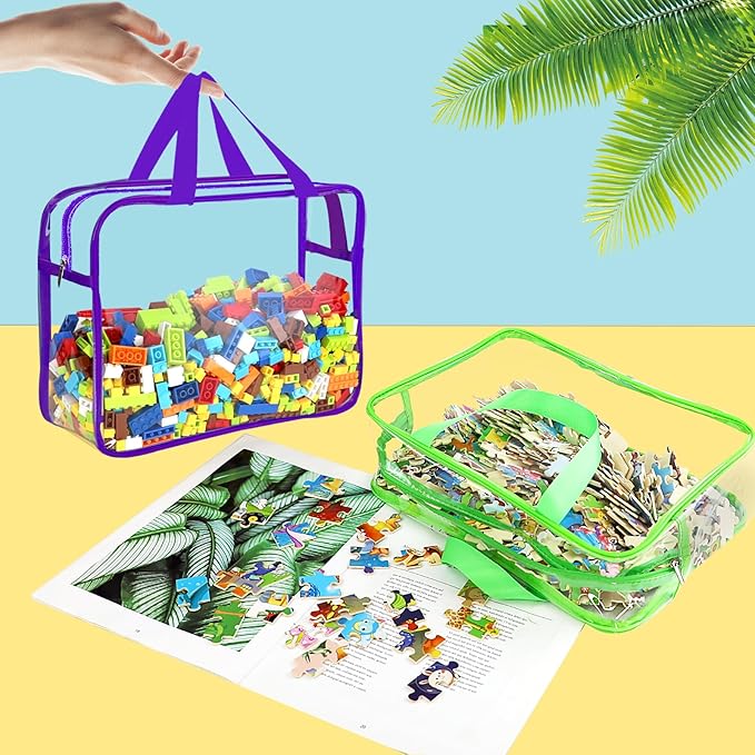 OPELETNNT 6 Color Large Toy Storage Bags with Labels, Reusable Clear PVC Board Game Storage, Travel Waterproof Organizer Bags with Zipper for Building Blocks, Puzzle, Kids Books