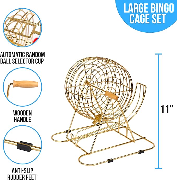 Regal Bingo Professional Bingo Game Set with 11" Wheel Cage, 75 Bingo Balls, Master Board, 18 Bingo Cards & 25 Jumbo Reusable Cards, and Colorful Chips - Bingo Games for Adults Large Group - Gold