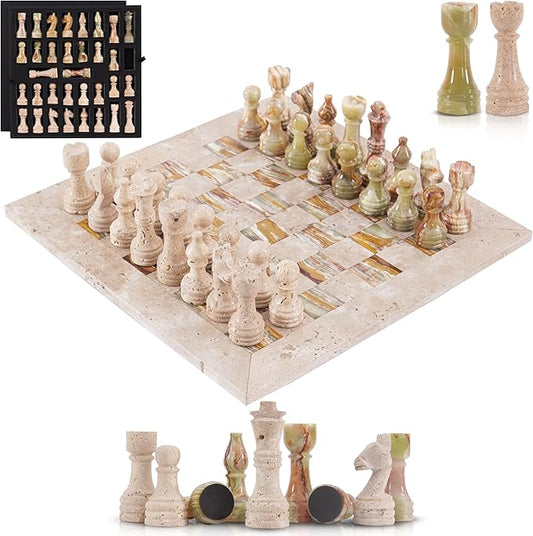 Marble Chess Set 15 Inch Travertine & Green Checkers Board Game with Pieces, 2 Extra Queens and Storage Box, Strategy Set for Adults & Family, Travel, Tabletop Play