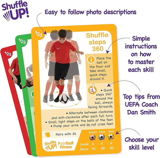 Shuffle Up Soccer Card Games - 70+ Fun & Active Skills Cards for Kids, Fitness Cards Develop Fundamentals, Stamina & Strength, Easy to Play for Kids | Multiple Skill Level Cards Include 2 Dices