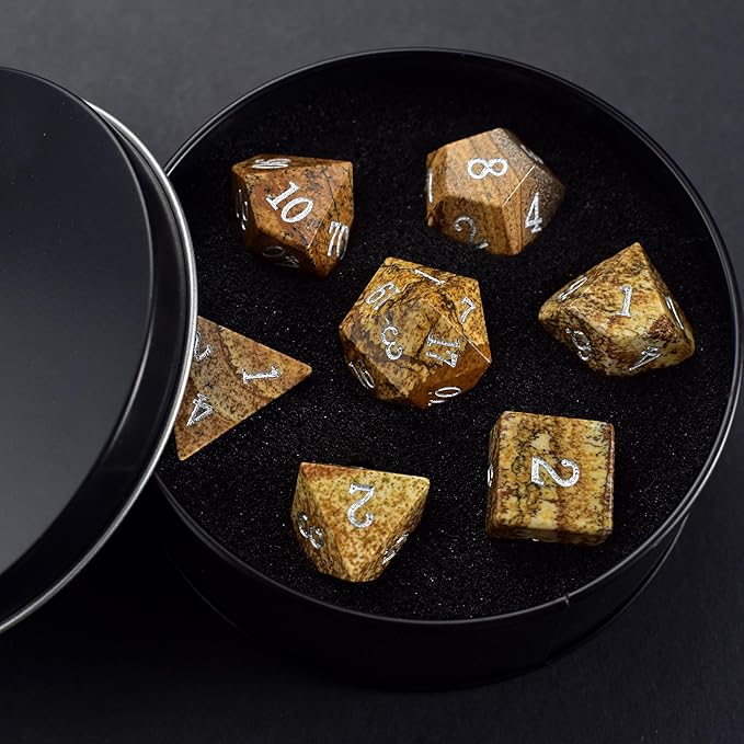 Picture Gemstone DND Dice Set,7PCS Real Gem Dice for Dungeons and Dragons,Polyhedral Dice Set with Gift,MTG Game Dice