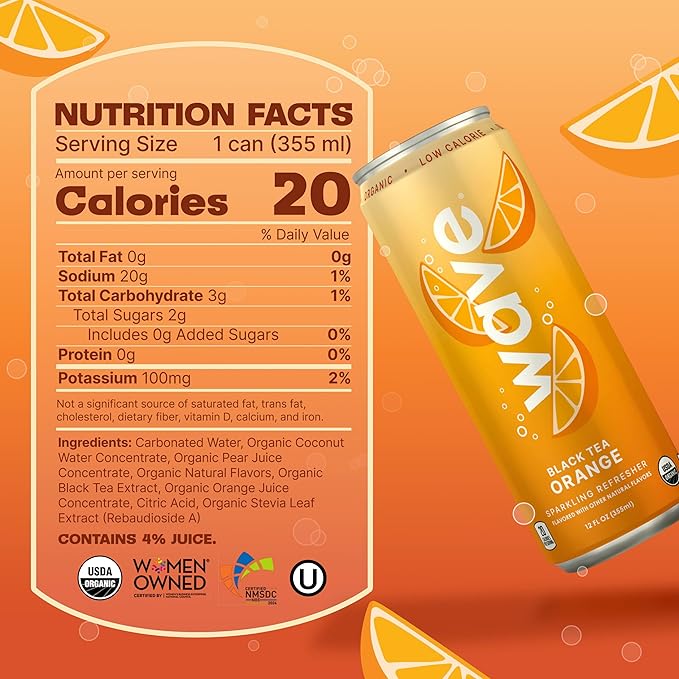 WAVE Sparkling Refreshers | Sparkling Juice | Organic Hydration | Low Calorie Drink | Lightly Carbonated Soda Alternative | No Added Sugar or Artificial Ingredients | Black Tea Orange | 12 Pack