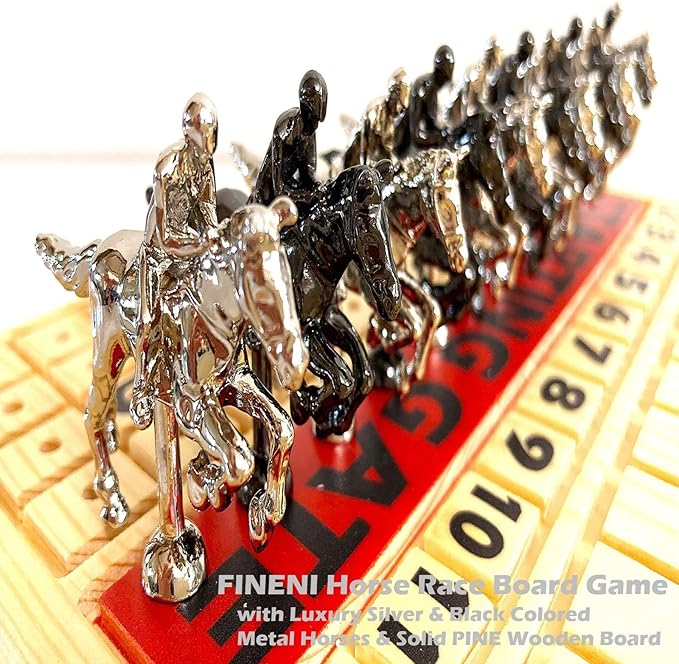 Horse Racing Game for Adults, Luxurious Metal Horses (Silver, Black) on 16' Pine Wood Board, Dice & Card Included